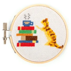 Cat and Books Mini Cross Stitch Embroidery